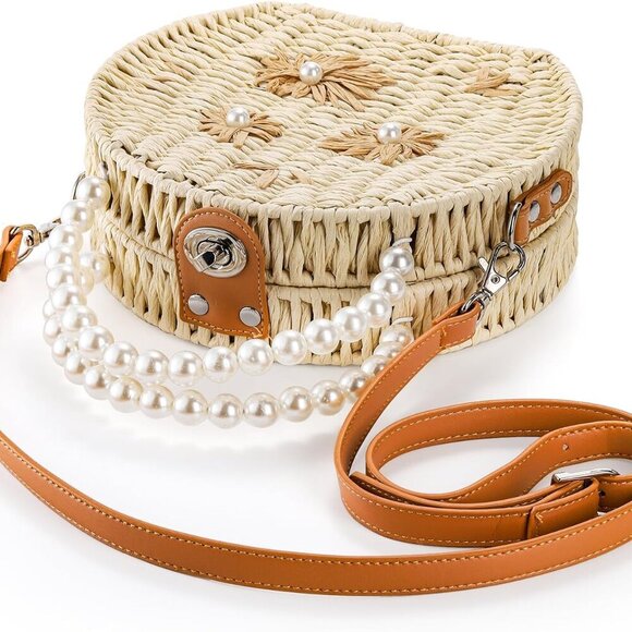 Handwoven Rattan Bag Straw Crossbody 8 Inch Wicker Tote for Summer Beach - Picture 3 of 9